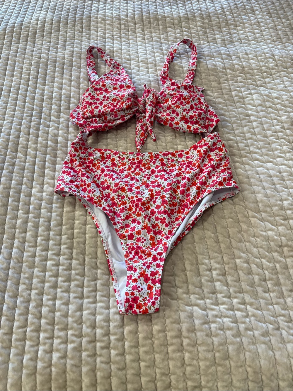 Pinkish Red Floral Tie-Front Cut Out One Piece